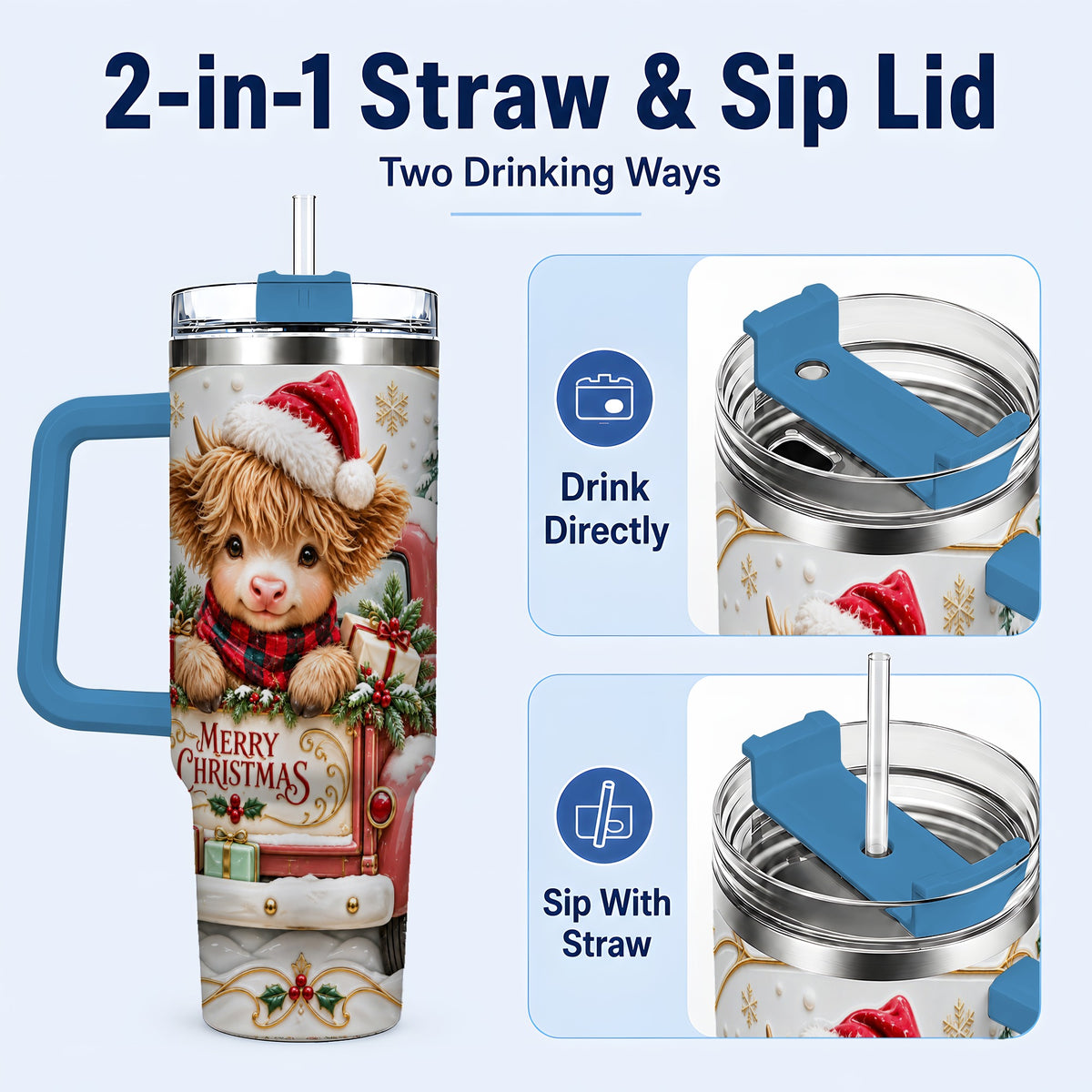 #pl[40oz|Blue] Christmas Cow 40oz Tumbler with Handle, Holiday Truck Stainless Steel Cup