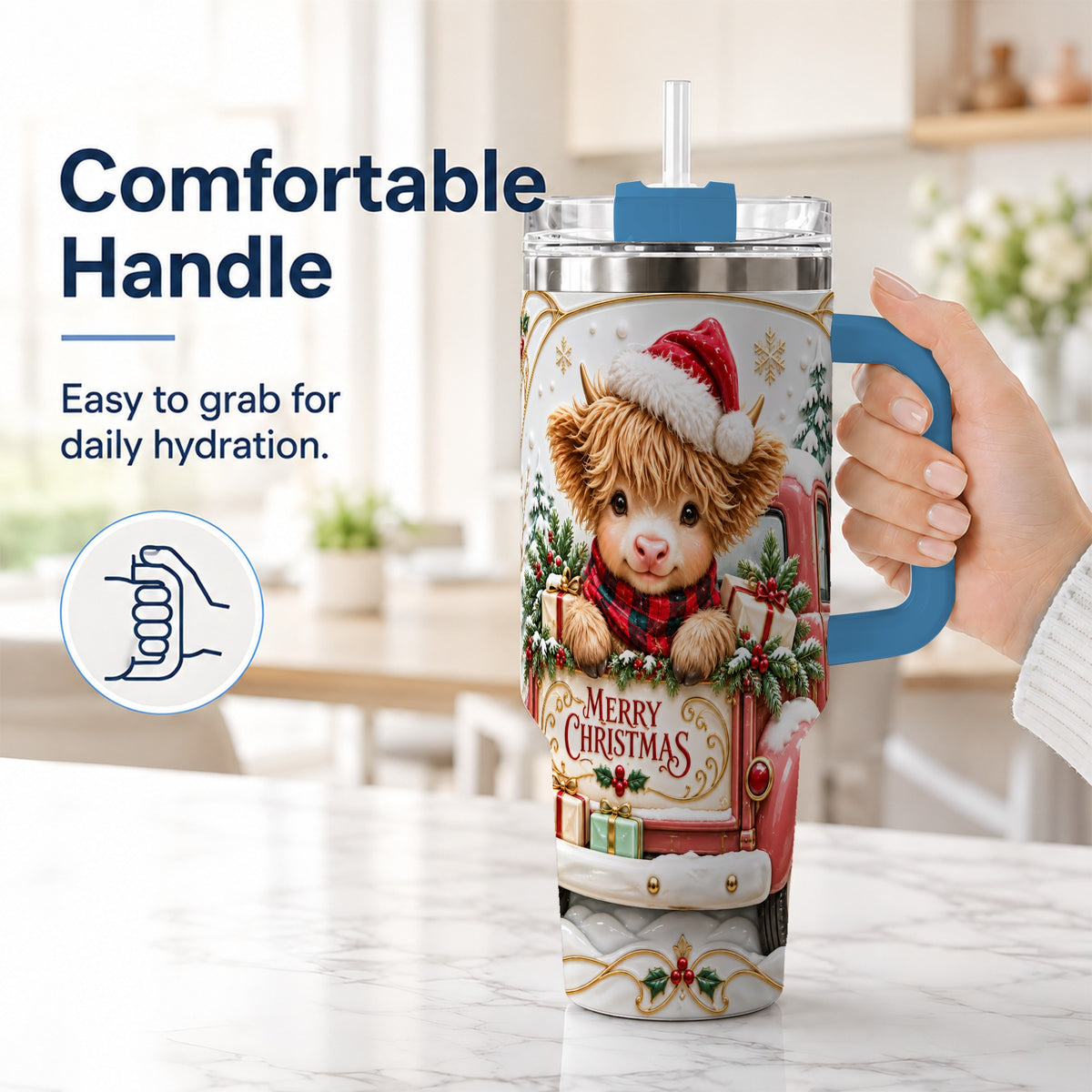 #pl[40oz|Blue] Christmas Cow 40oz Tumbler with Handle, Holiday Truck Stainless Steel Cup