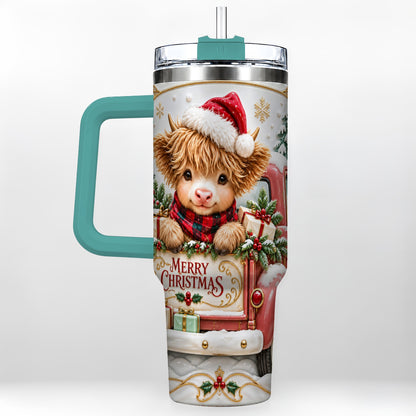 #pl[40oz|Green] Christmas Cow 40oz Tumbler with Handle, Holiday Truck Stainless Steel Cup