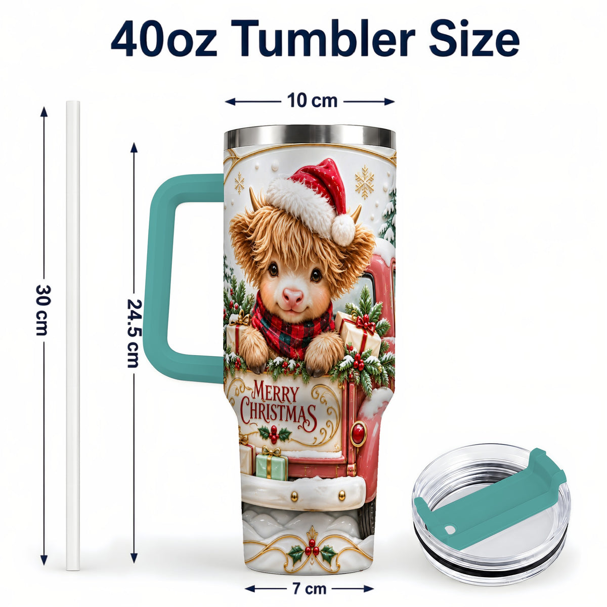 #pl[40oz|Green] Christmas Cow 40oz Tumbler with Handle, Holiday Truck Stainless Steel Cup