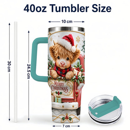 #pl[40oz|Green] Christmas Cow 40oz Tumbler with Handle, Holiday Truck Stainless Steel Cup