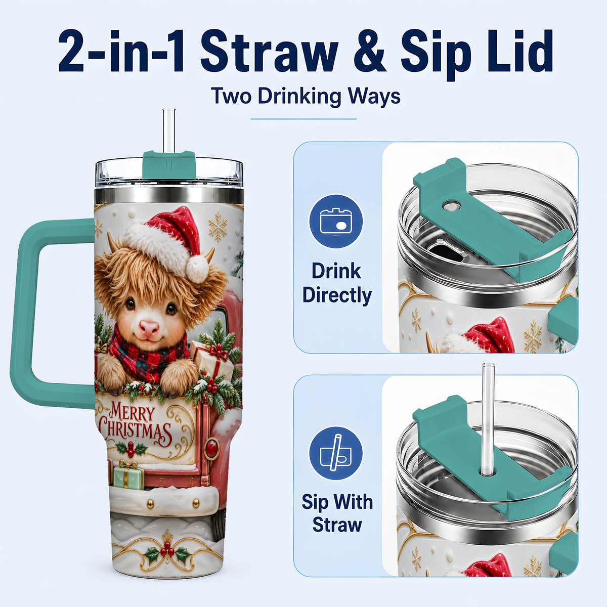 #pl[40oz|Green] Christmas Cow 40oz Tumbler with Handle, Holiday Truck Stainless Steel Cup