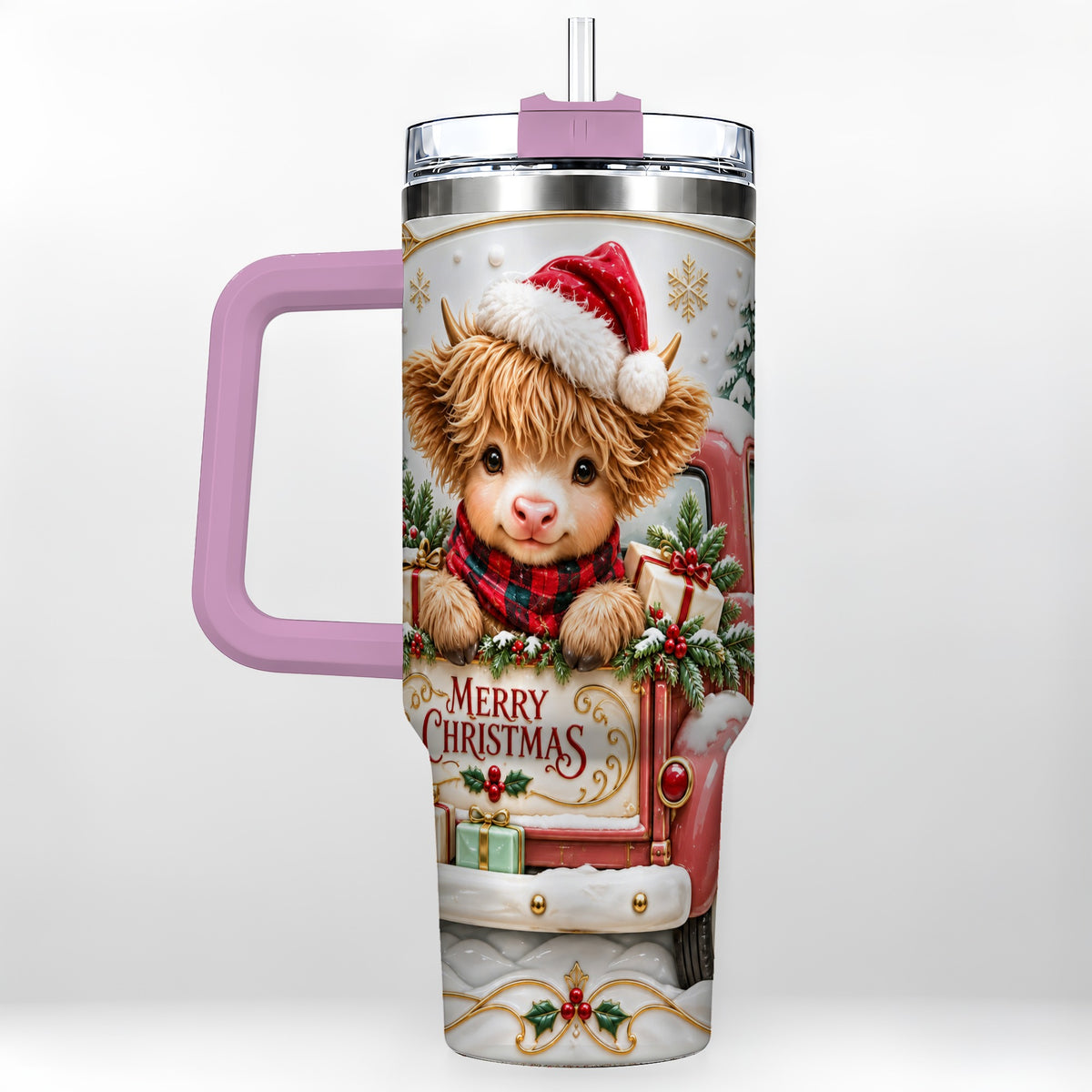 #pl[40oz|Pink] Christmas Cow 40oz Tumbler with Handle, Holiday Truck Stainless Steel Cup