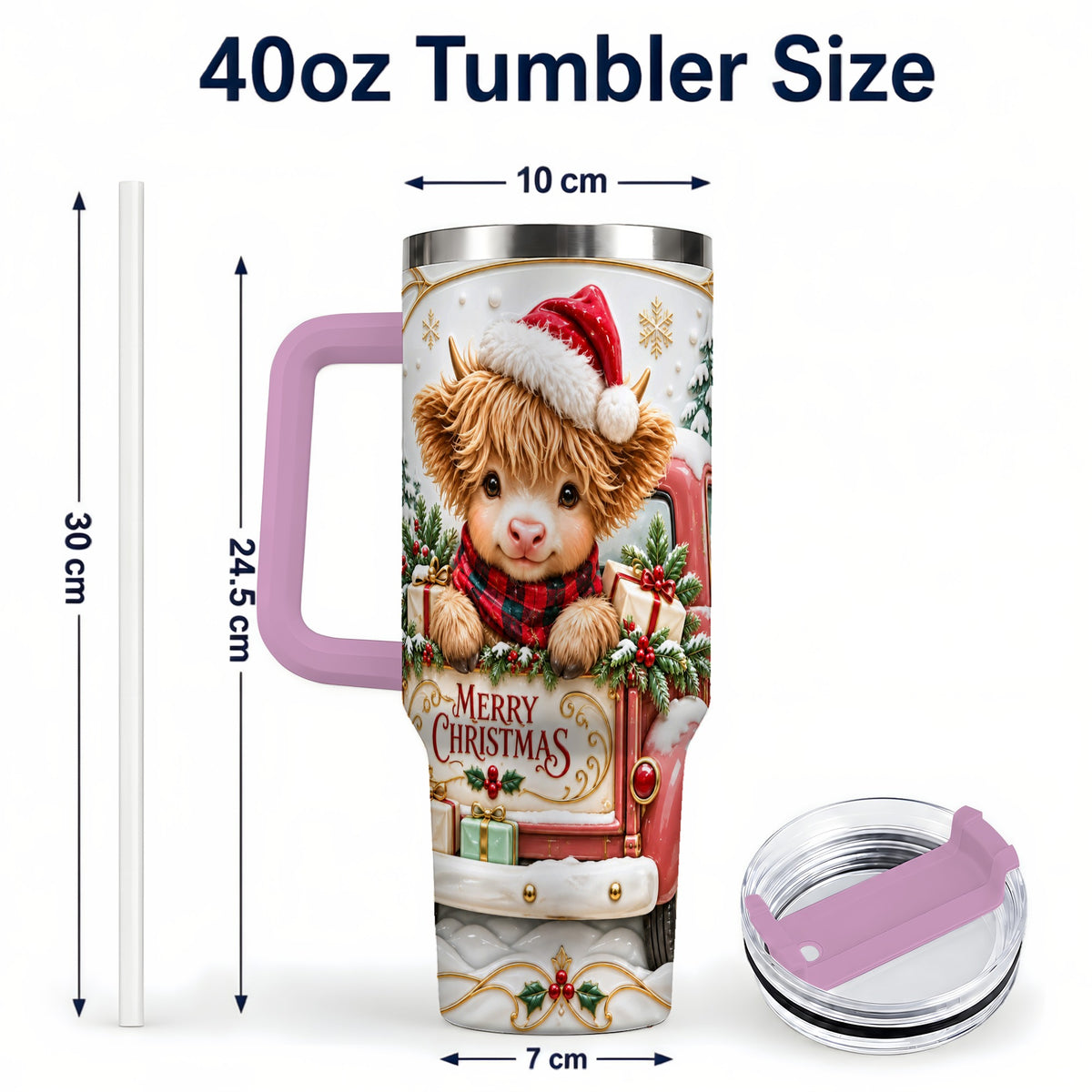 #pl[40oz|Pink] Christmas Cow 40oz Tumbler with Handle, Holiday Truck Stainless Steel Cup