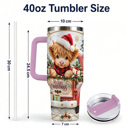 #pl[40oz|Pink] Christmas Cow 40oz Tumbler with Handle, Holiday Truck Stainless Steel Cup