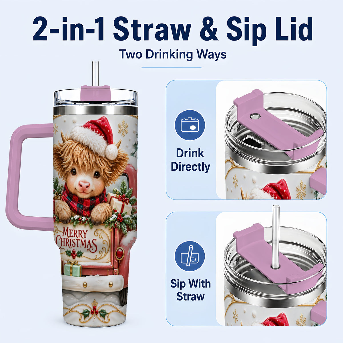 #pl[40oz|Pink] Christmas Cow 40oz Tumbler with Handle, Holiday Truck Stainless Steel Cup