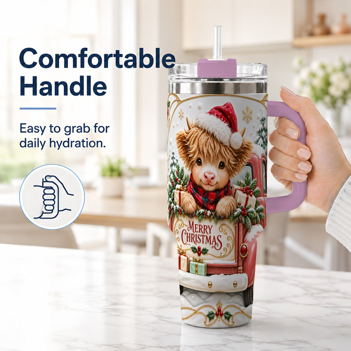 #pl[40oz|Pink] Christmas Cow 40oz Tumbler with Handle, Holiday Truck Stainless Steel Cup