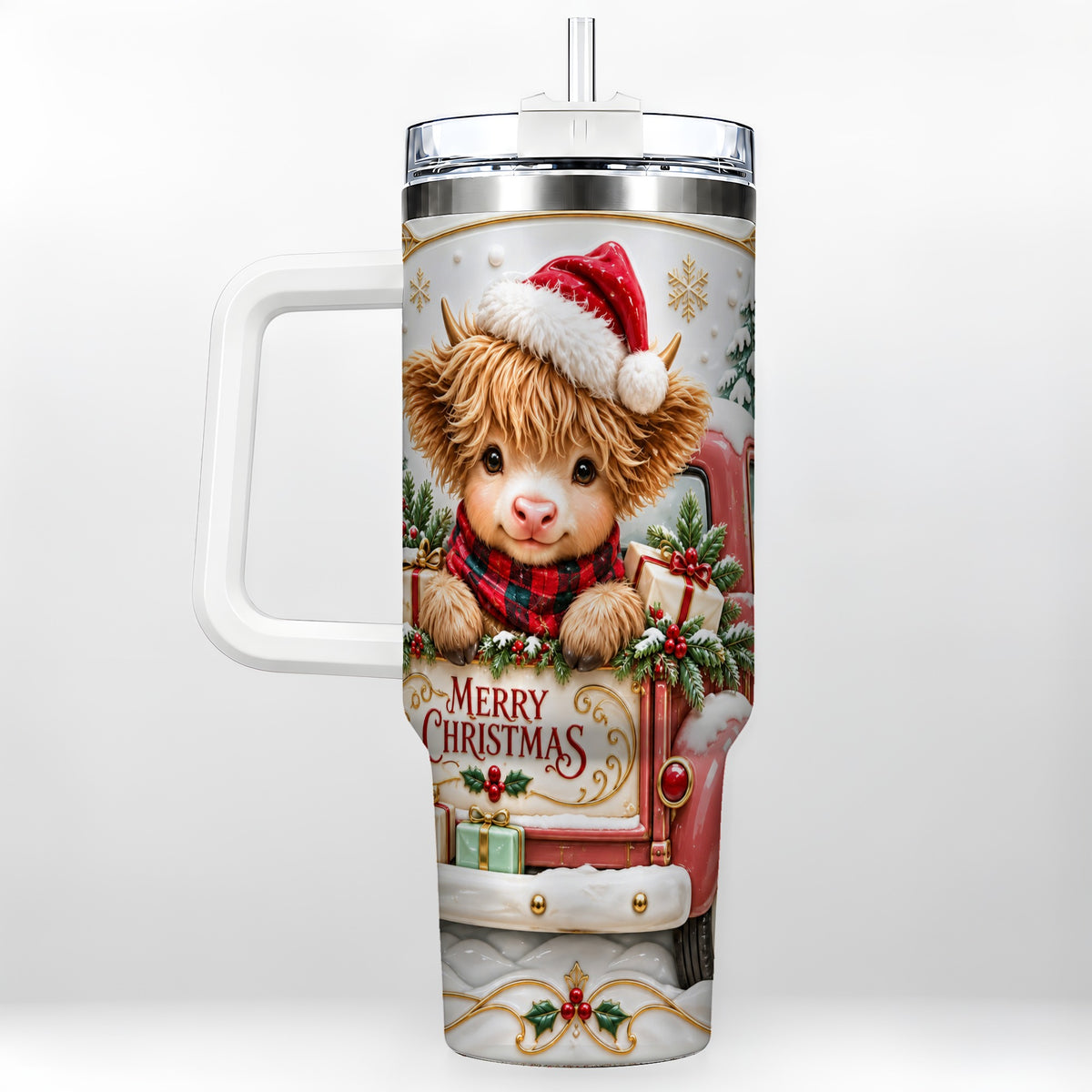 #pl[40oz|White] Christmas Cow 40oz Tumbler with Handle, Holiday Truck Stainless Steel Cup