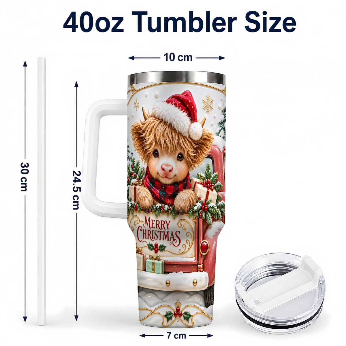 #pl[40oz|White] Christmas Cow 40oz Tumbler with Handle, Holiday Truck Stainless Steel Cup