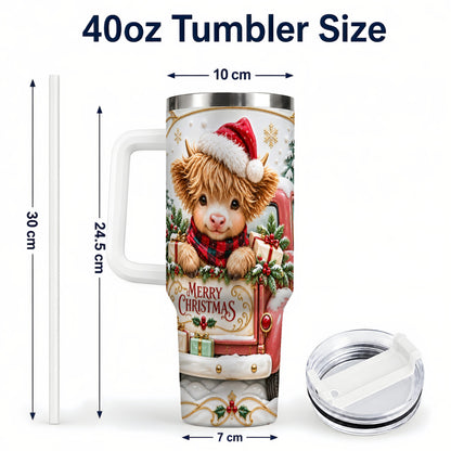 #pl[40oz|White] Christmas Cow 40oz Tumbler with Handle, Holiday Truck Stainless Steel Cup