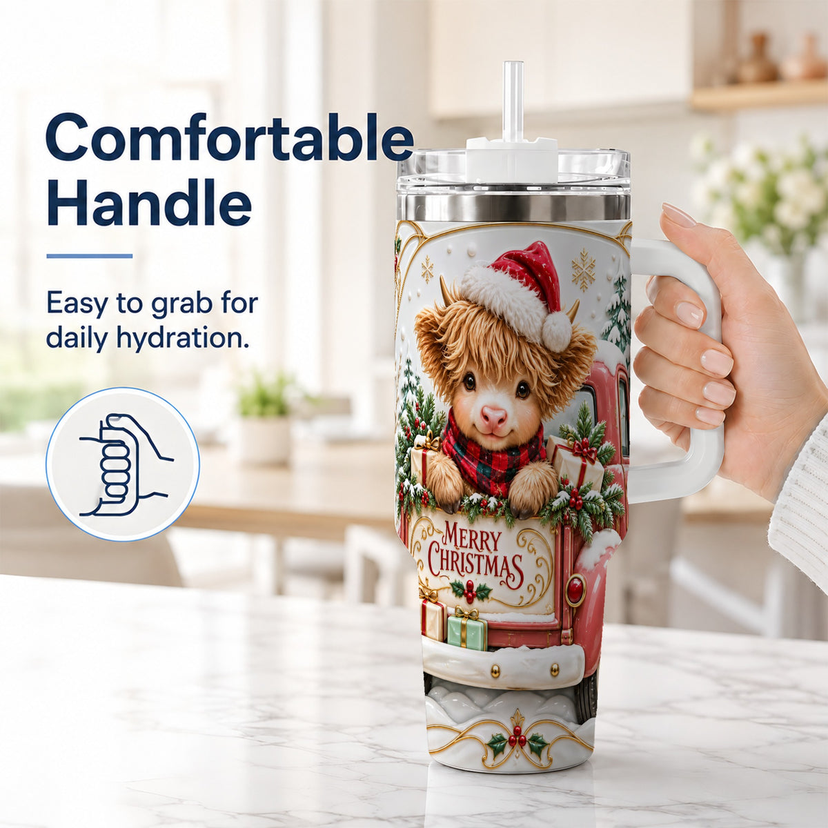 #pl[40oz|White] Christmas Cow 40oz Tumbler with Handle, Holiday Truck Stainless Steel Cup