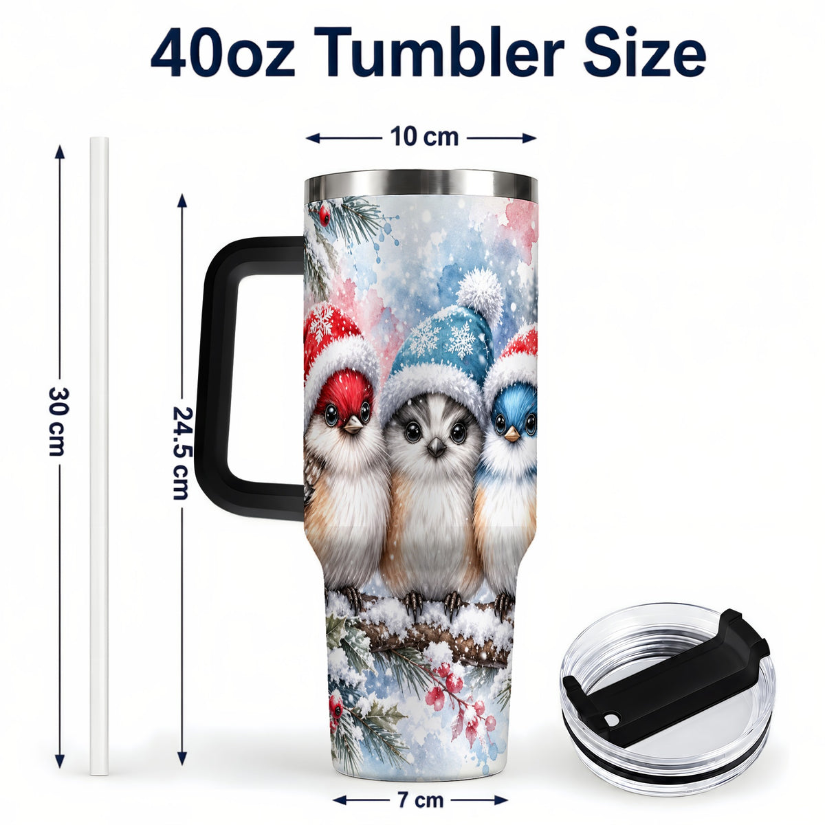 #pl[40oz|Black] Christmas Birds 40oz Tumbler with Handle, Winter Songbird Travel Cup