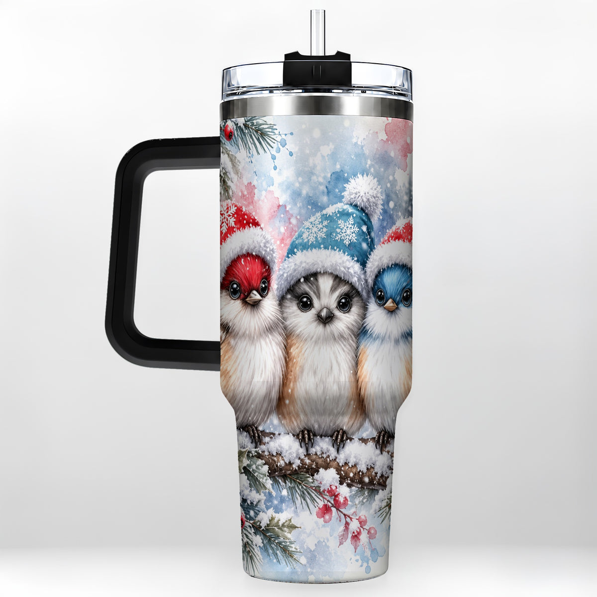 #pl[40oz|Black] Christmas Birds 40oz Tumbler with Handle, Winter Songbird Travel Cup