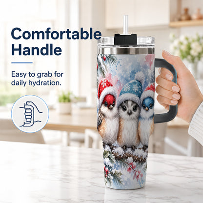 #pl[40oz|Black] Christmas Birds 40oz Tumbler with Handle, Winter Songbird Travel Cup
