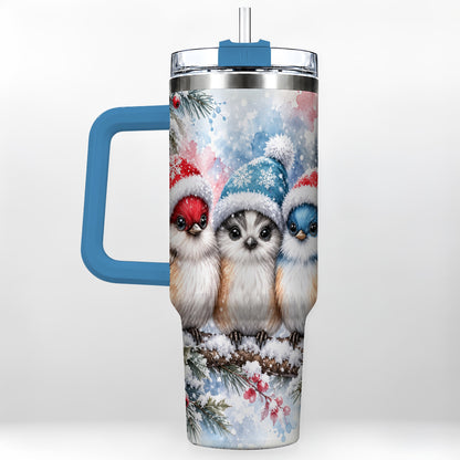 #pl[40oz|Blue] Christmas Birds 40oz Tumbler with Handle, Winter Songbird Travel Cup