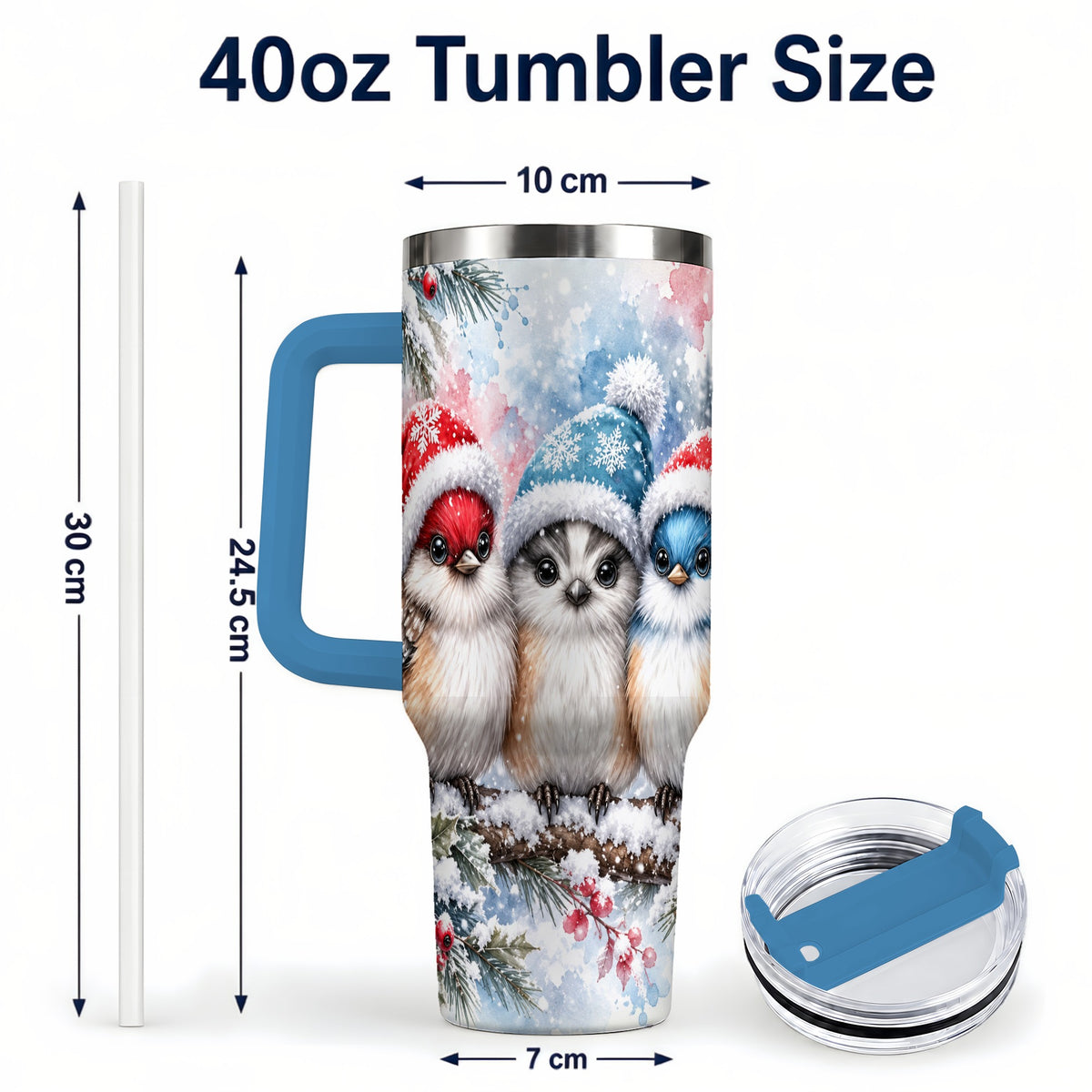 #pl[40oz|Blue] Christmas Birds 40oz Tumbler with Handle, Winter Songbird Travel Cup