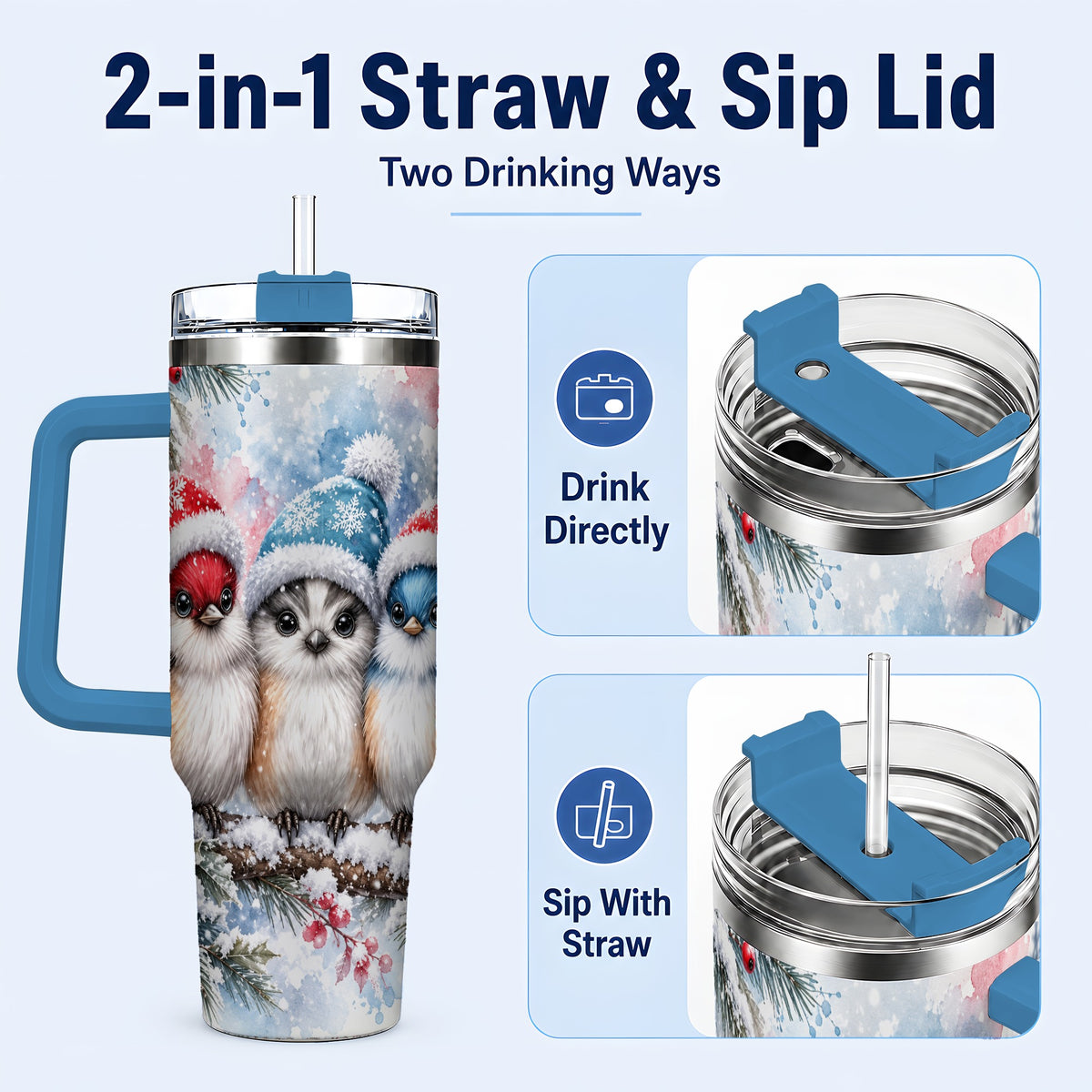 #pl[40oz|Blue] Christmas Birds 40oz Tumbler with Handle, Winter Songbird Travel Cup