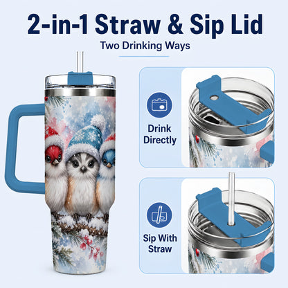 #pl[40oz|Blue] Christmas Birds 40oz Tumbler with Handle, Winter Songbird Travel Cup
