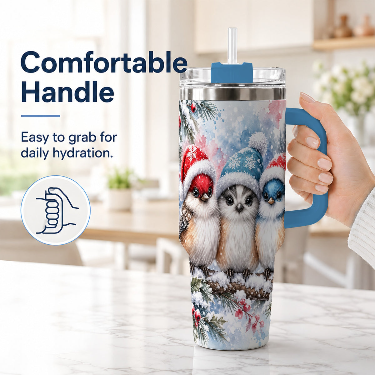 #pl[40oz|Blue] Christmas Birds 40oz Tumbler with Handle, Winter Songbird Travel Cup