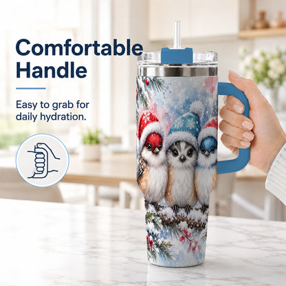 #pl[40oz|Blue] Christmas Birds 40oz Tumbler with Handle, Winter Songbird Travel Cup