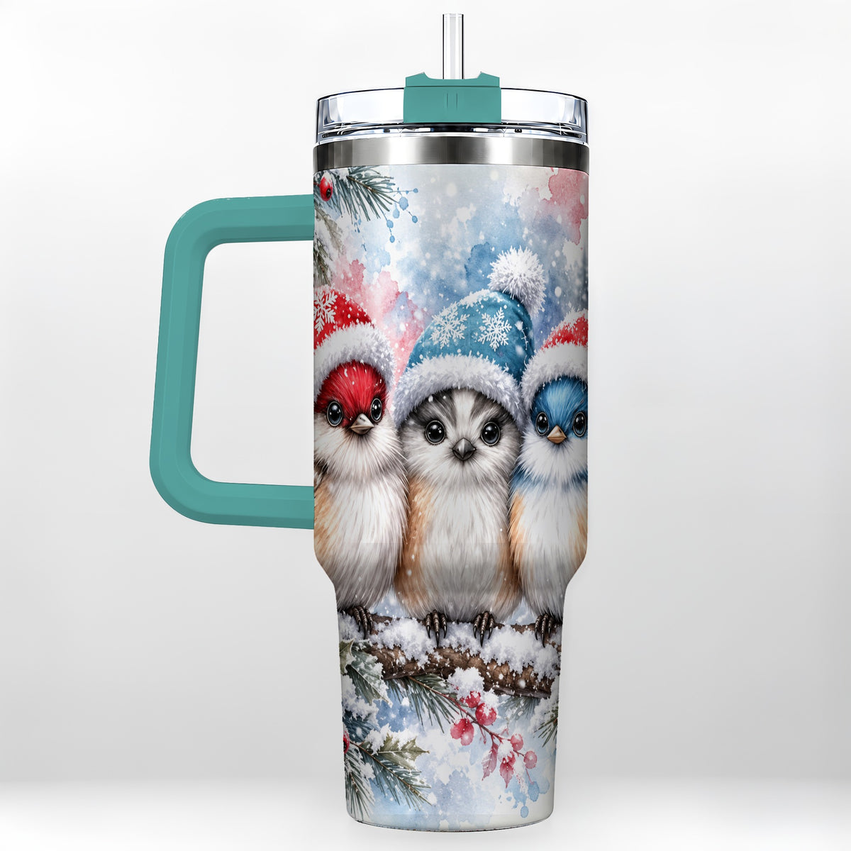 #pl[40oz|Green] Christmas Birds 40oz Tumbler with Handle, Winter Songbird Travel Cup