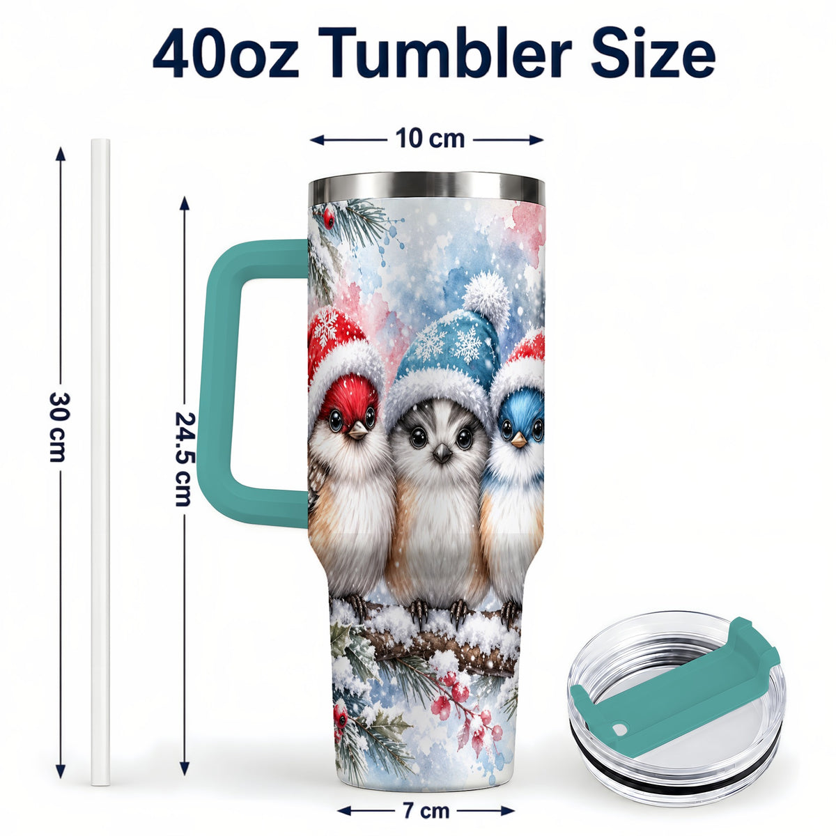 #pl[40oz|Green] Christmas Birds 40oz Tumbler with Handle, Winter Songbird Travel Cup