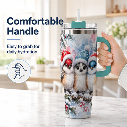 #pl[40oz|Green] Christmas Birds 40oz Tumbler with Handle, Winter Songbird Travel Cup