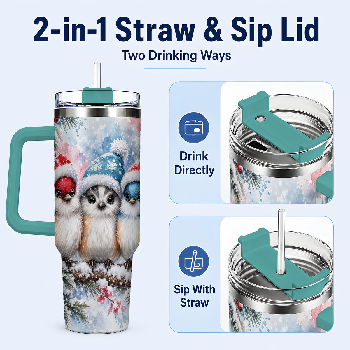 #pl[40oz|Green] Christmas Birds 40oz Tumbler with Handle, Winter Songbird Travel Cup