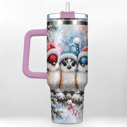 #pl[40oz|Pink] Christmas Birds 40oz Tumbler with Handle, Winter Songbird Travel Cup