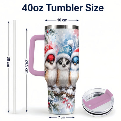 #pl[40oz|Pink] Christmas Birds 40oz Tumbler with Handle, Winter Songbird Travel Cup
