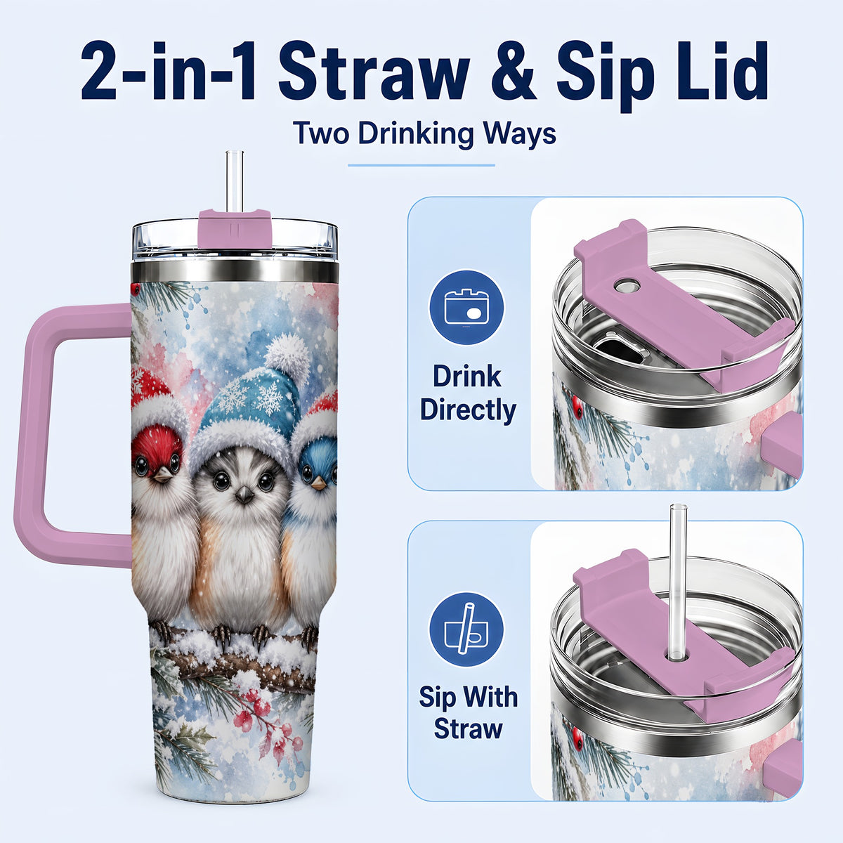 #pl[40oz|Pink] Christmas Birds 40oz Tumbler with Handle, Winter Songbird Travel Cup