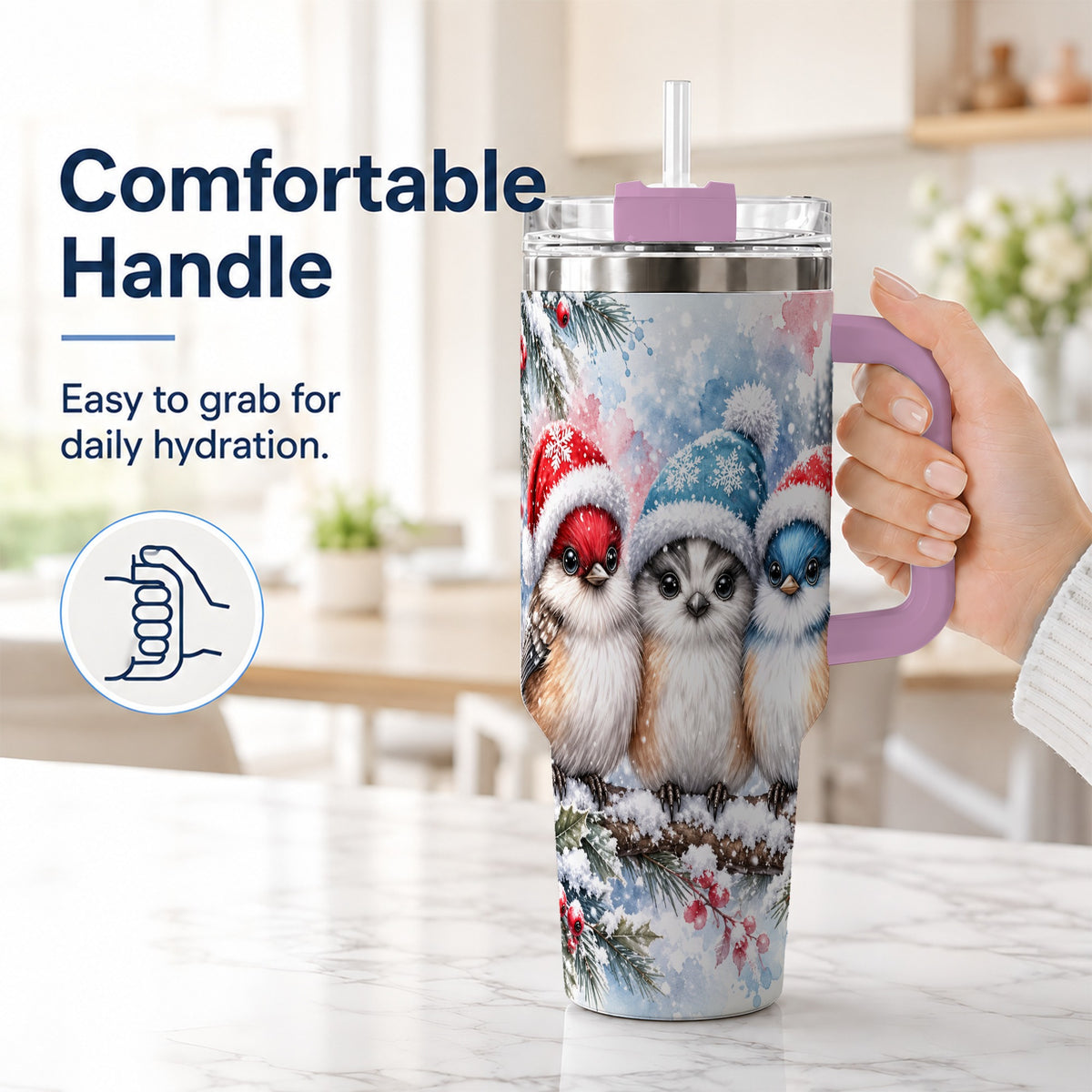 #pl[40oz|Pink] Christmas Birds 40oz Tumbler with Handle, Winter Songbird Travel Cup