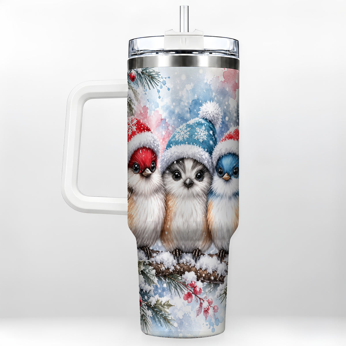 #pl[40oz|White] Christmas Birds 40oz Tumbler with Handle, Winter Songbird Travel Cup