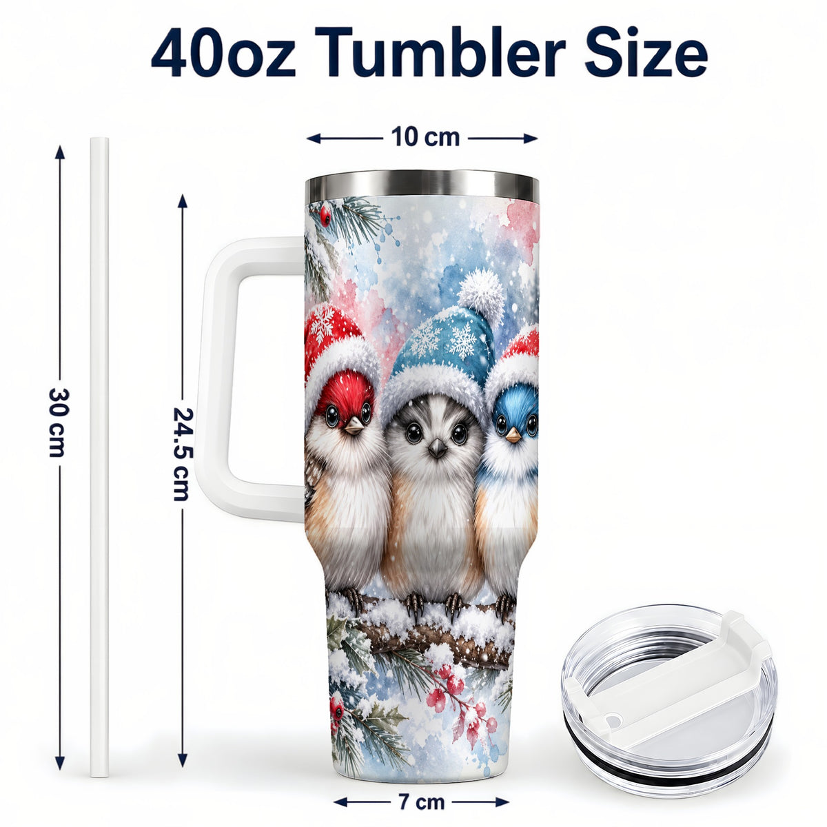 #pl[40oz|White] Christmas Birds 40oz Tumbler with Handle, Winter Songbird Travel Cup
