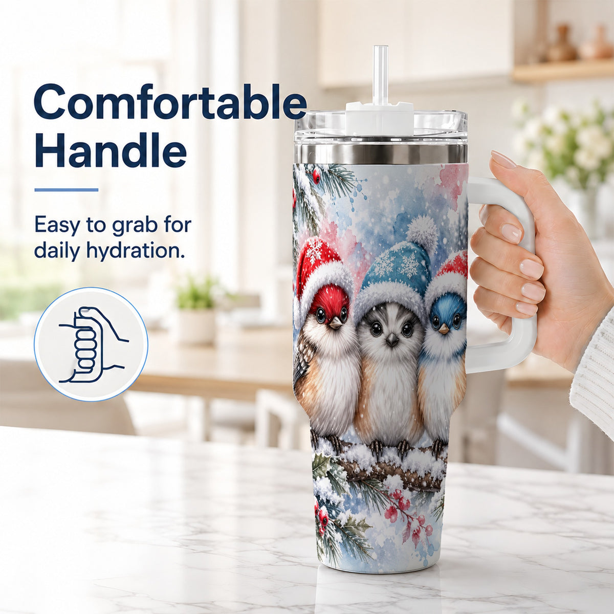 #pl[40oz|White] Christmas Birds 40oz Tumbler with Handle, Winter Songbird Travel Cup