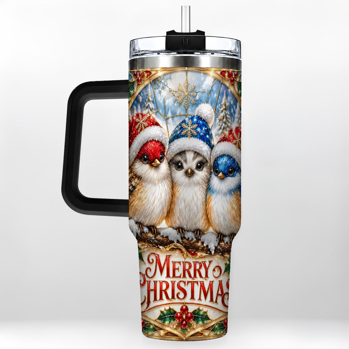 #pl[40oz|Black] Merry Christmas Birds 40oz Tumbler with Handle, Stained Glass Style Cup