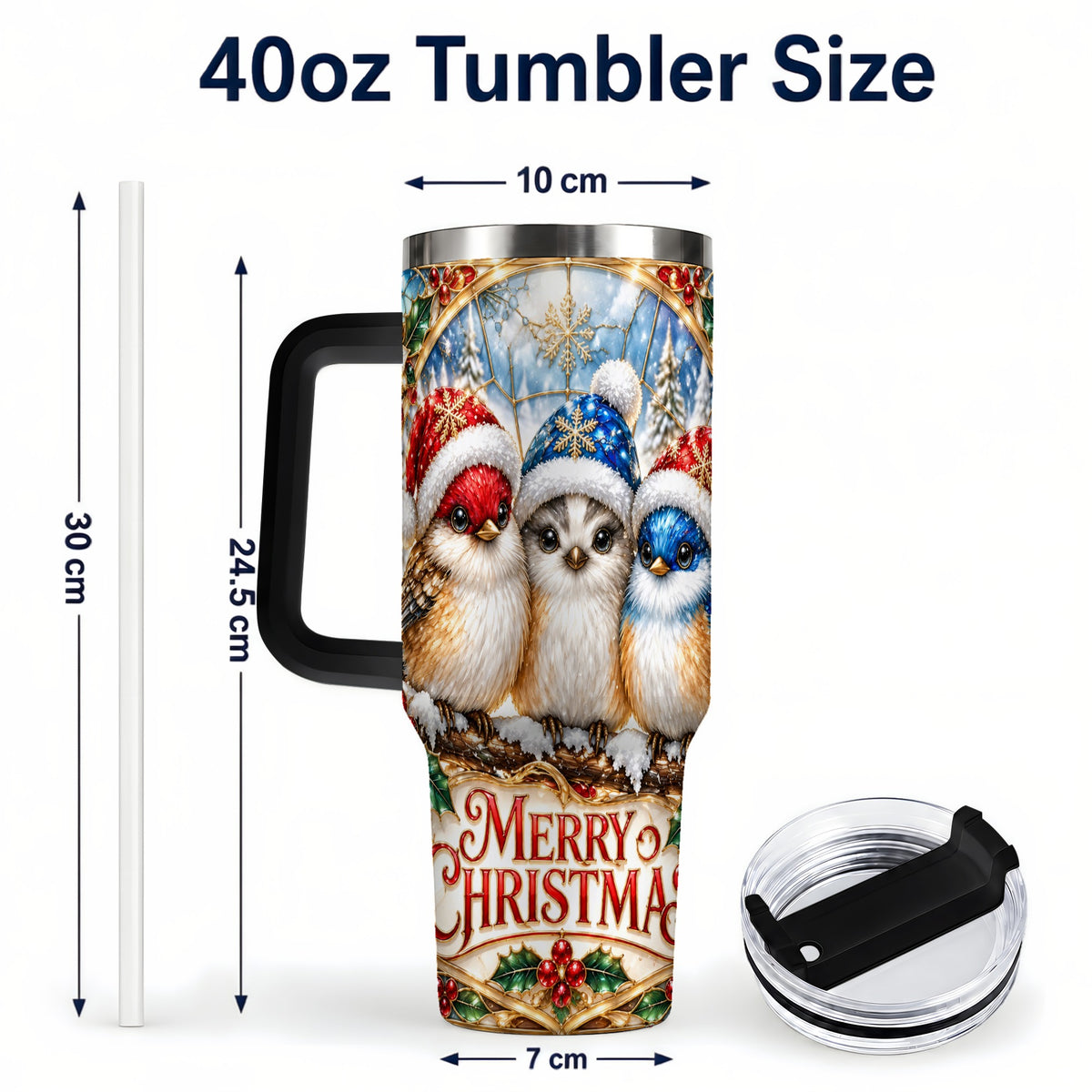 #pl[40oz|Black] Merry Christmas Birds 40oz Tumbler with Handle, Stained Glass Style Cup