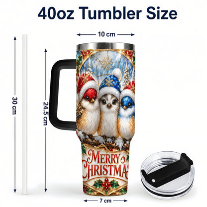 #pl[40oz|Black] Merry Christmas Birds 40oz Tumbler with Handle, Stained Glass Style Cup