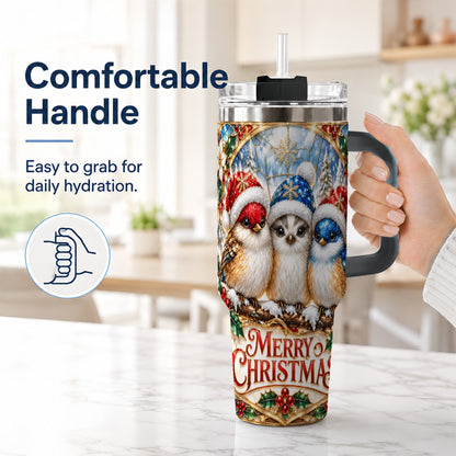 #pl[40oz|Black] Merry Christmas Birds 40oz Tumbler with Handle, Stained Glass Style Cup