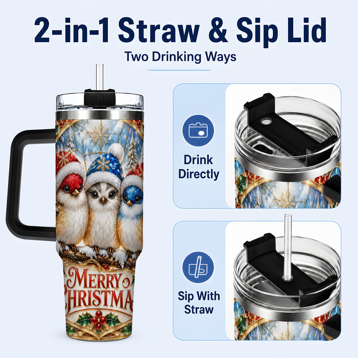 #pl[40oz|Black] Merry Christmas Birds 40oz Tumbler with Handle, Stained Glass Style Cup