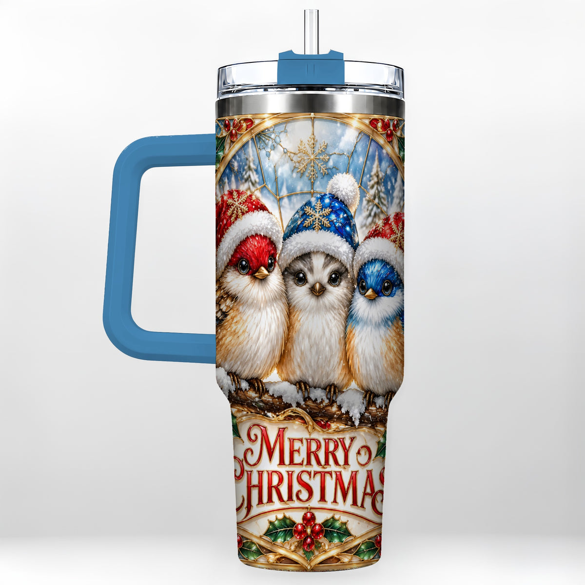 #pl[40oz|Blue] Merry Christmas Birds 40oz Tumbler with Handle, Stained Glass Style Cup