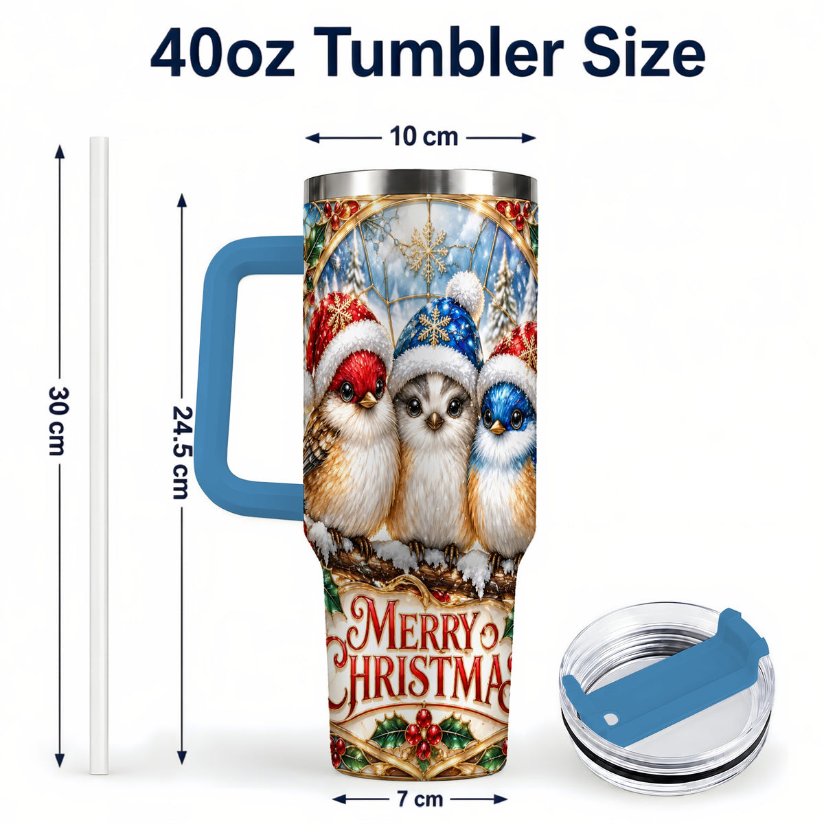 #pl[40oz|Blue] Merry Christmas Birds 40oz Tumbler with Handle, Stained Glass Style Cup
