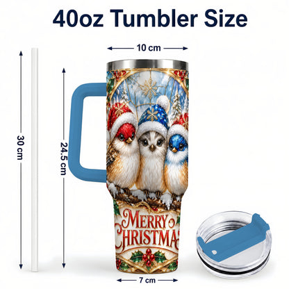 #pl[40oz|Blue] Merry Christmas Birds 40oz Tumbler with Handle, Stained Glass Style Cup
