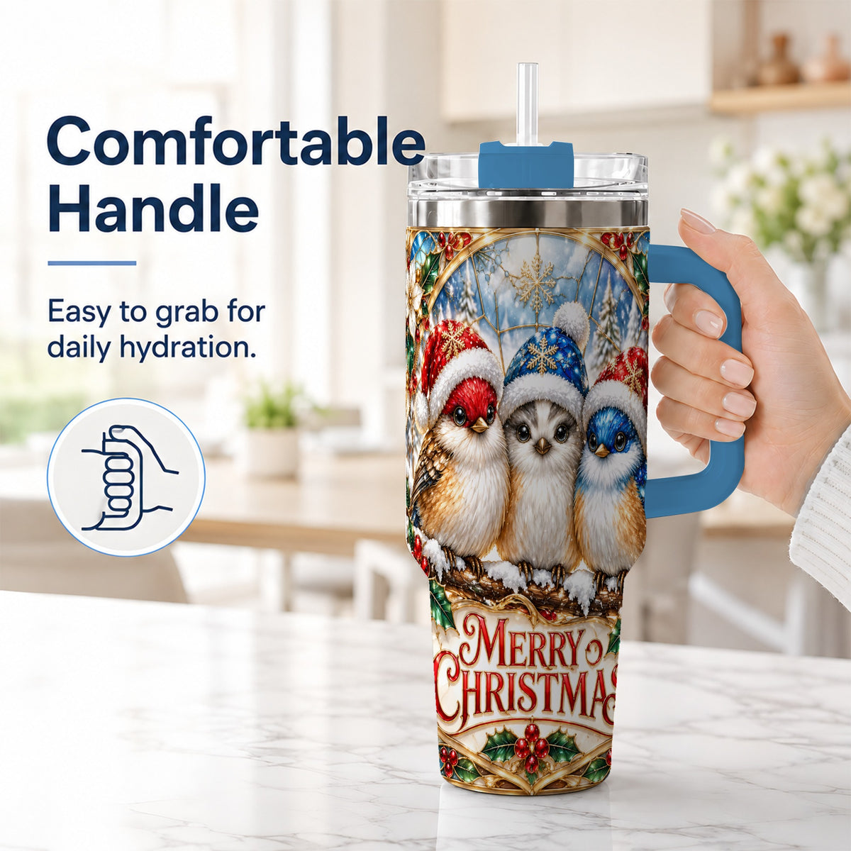 #pl[40oz|Blue] Merry Christmas Birds 40oz Tumbler with Handle, Stained Glass Style Cup
