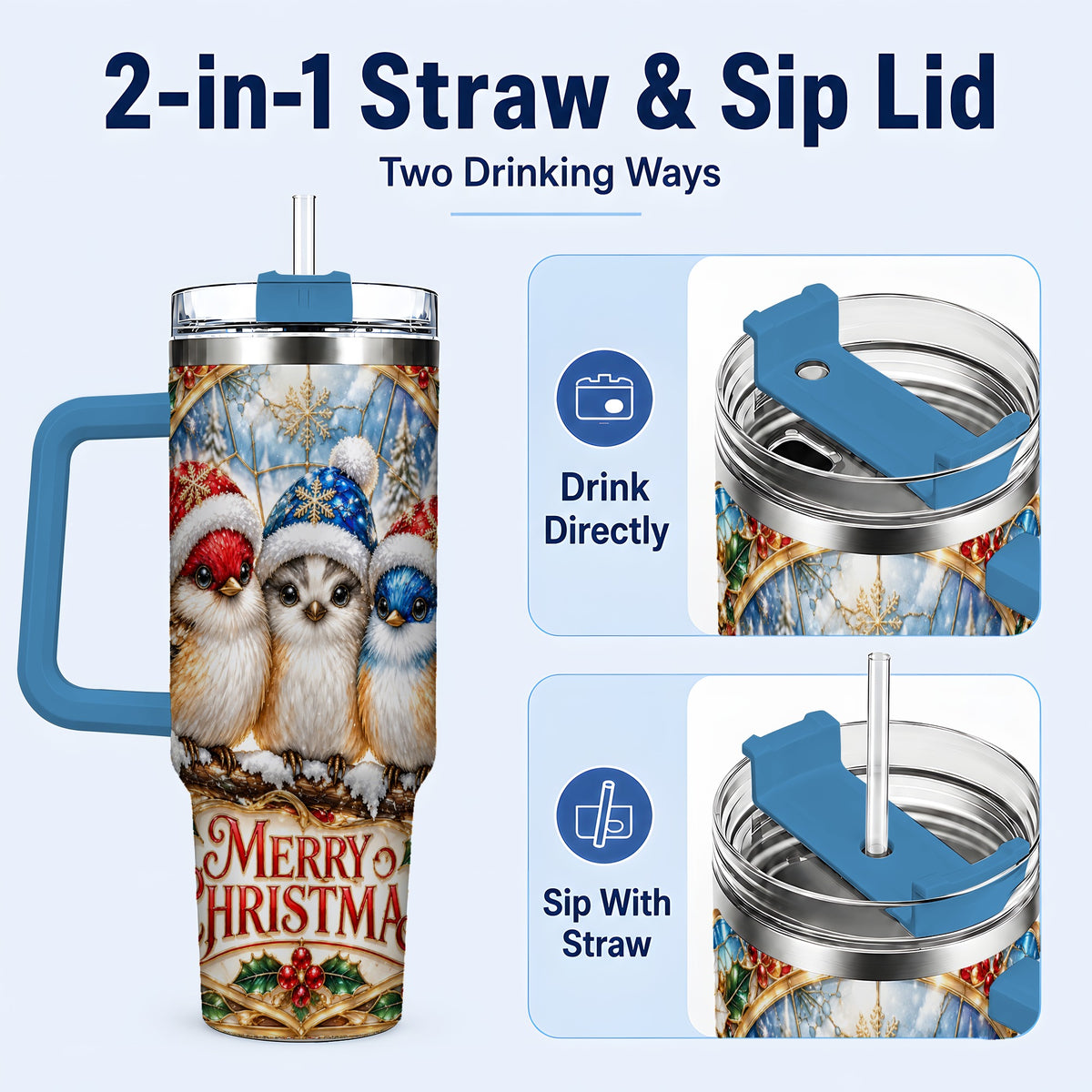 #pl[40oz|Blue] Merry Christmas Birds 40oz Tumbler with Handle, Stained Glass Style Cup