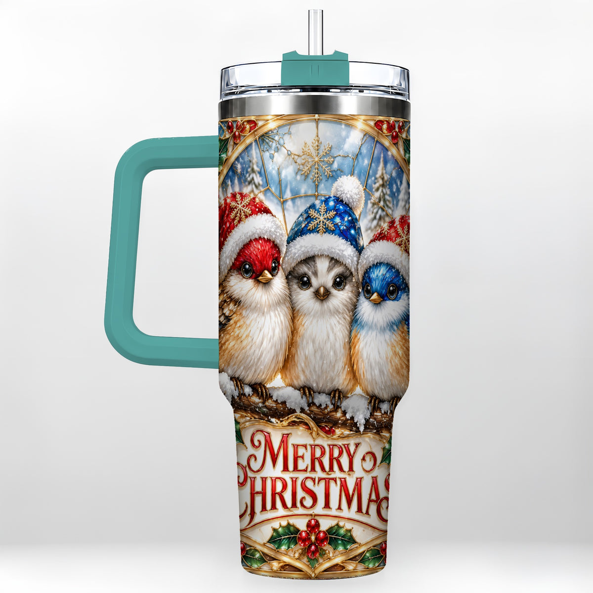 #pl[40oz|Green] Merry Christmas Birds 40oz Tumbler with Handle, Stained Glass Style Cup