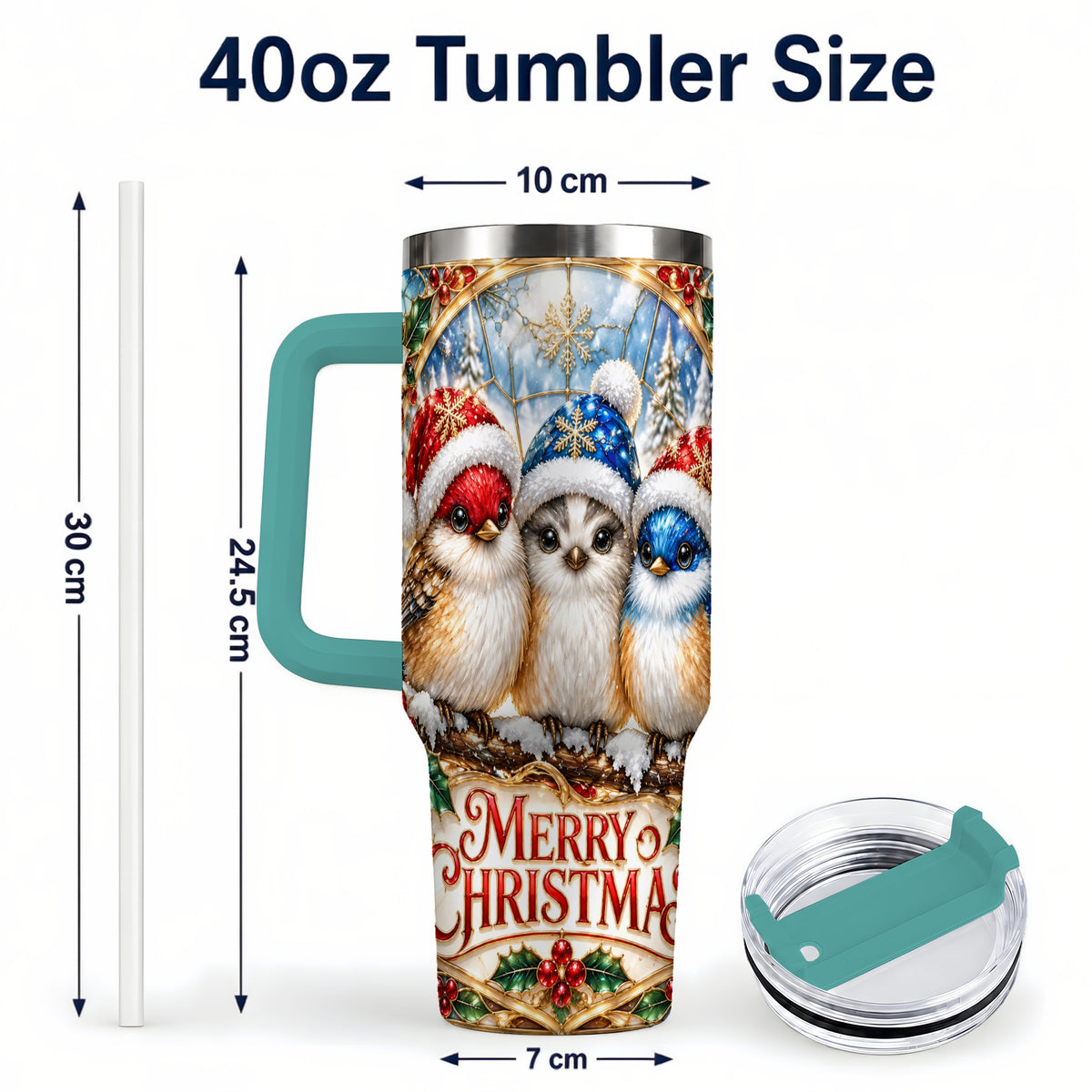 #pl[40oz|Green] Merry Christmas Birds 40oz Tumbler with Handle, Stained Glass Style Cup
