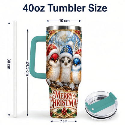 #pl[40oz|Green] Merry Christmas Birds 40oz Tumbler with Handle, Stained Glass Style Cup