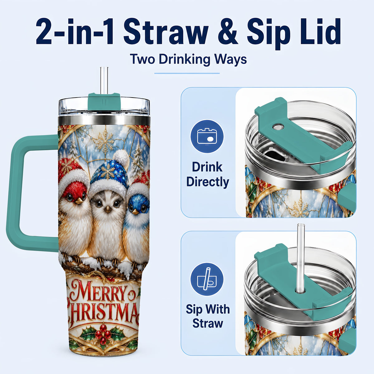 #pl[40oz|Green] Merry Christmas Birds 40oz Tumbler with Handle, Stained Glass Style Cup