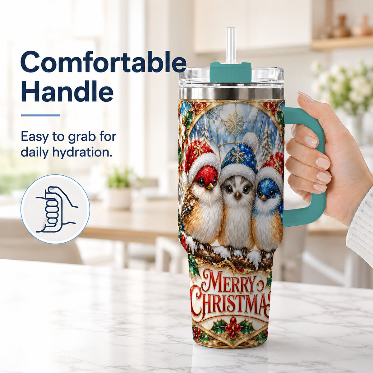 #pl[40oz|Green] Merry Christmas Birds 40oz Tumbler with Handle, Stained Glass Style Cup